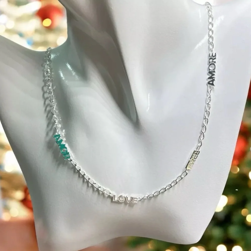 Crossword necklace with Joy, Free and Amore motifs in silver, 50 CM - Picture 1 of 5